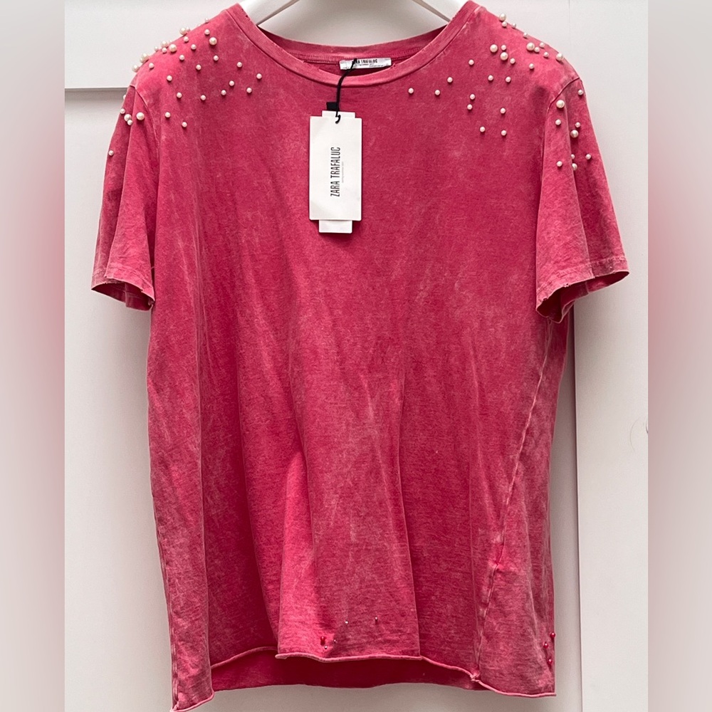 New Zara pearl distressed T shirt - Picture 2 of 6